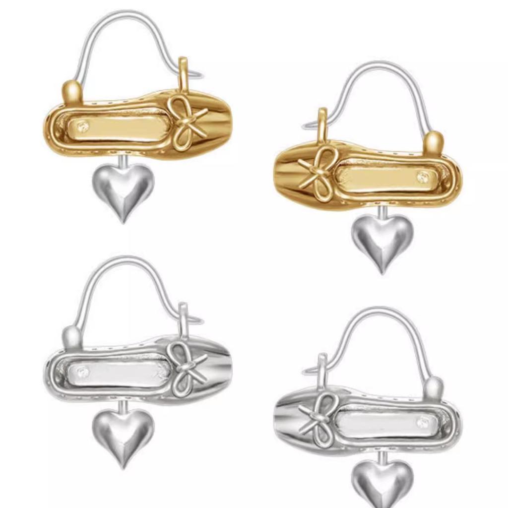 2024 Korean Style Peach Heart Ballet Flats Earrings - Silver & Gold Gift for Women, Versatile Fairycore Niche.