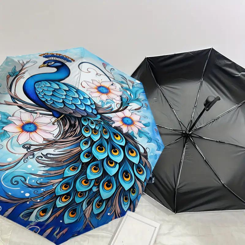1PC Peacock Flowers Automatic Open/Close Umbrella Compact Folding Umbrella with 8-Rib Shaft lightweight esign, Highquality Fabric1215A