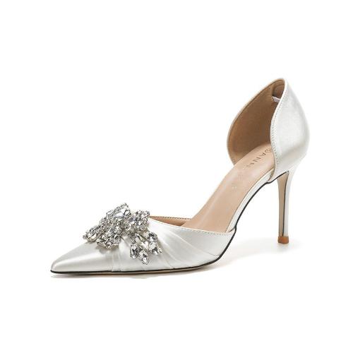 Fashion French Heels Women 2025 New White Rhinestone Wedding Bridal Shoes Hollow Design Elegant Mid Heel Court Shoes