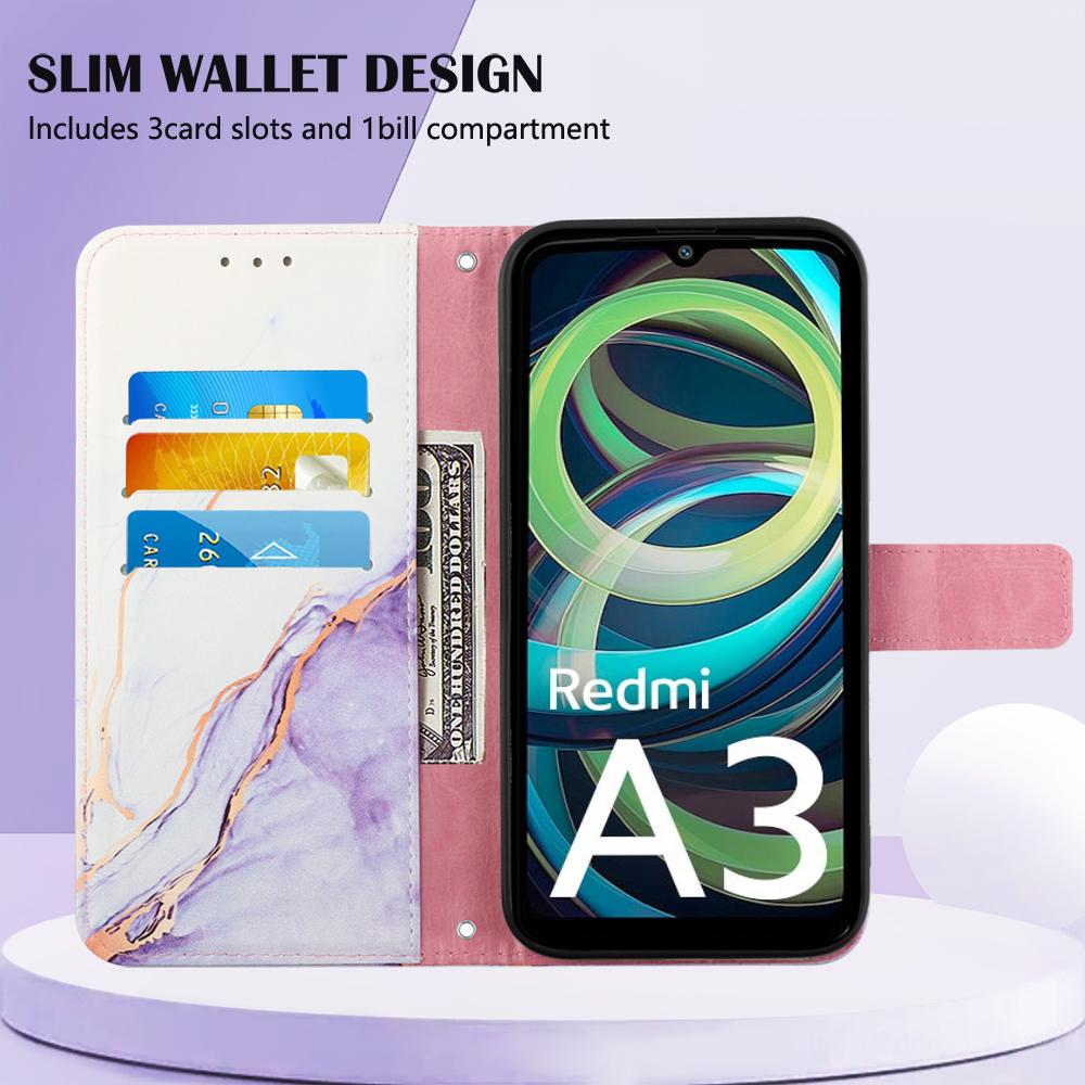 For Xiaomi Redmi A3/Poco C61 4G Leather Case with Shoulder Strap Marble Pattern Phone Stand Cover