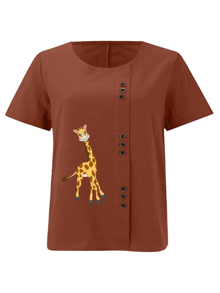 Women's Fashion Giraffe Print Shot Sleeve T-shirt Loose Cotton Shirt Casual Loose Summer Blouse Tops Plus Size