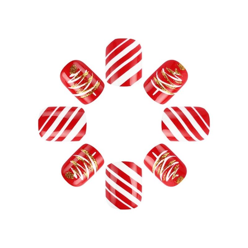 Christmas Short Square False Acrylic Nails with Elk Snowflake Designs and Winter Artificial Nail Art for Women and Girls