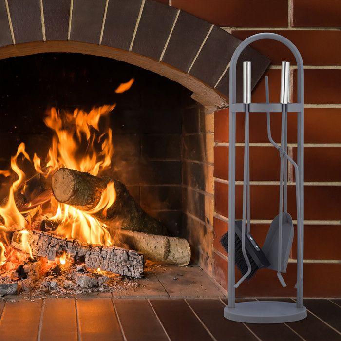 Relaxdays Ensemble Serviteur De Cheminée 5 Pièces, Accessoire, Pelle, Balai, Pince, Support, Tisonnier, Gris