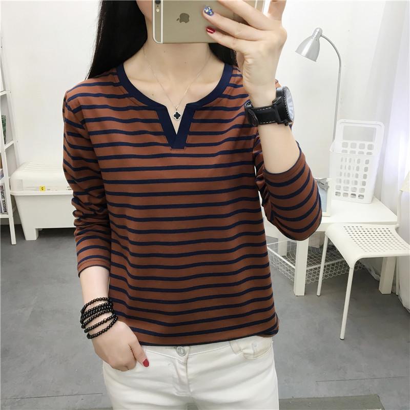 Women's Plus Size Striped Long Sleeve Cotton T-Shirt - Autumn Collection for Middle-Aged Moms