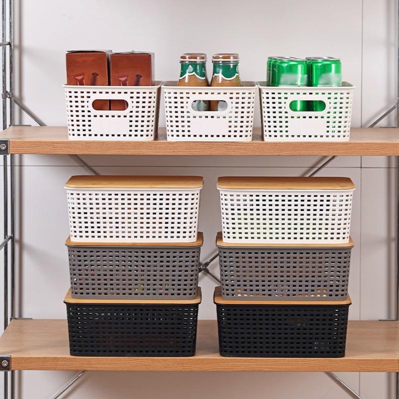 Stackable Storage Basket With Bamboos Lid Ventilated Plastic Handwoven Designs for Home Organization Toy Books