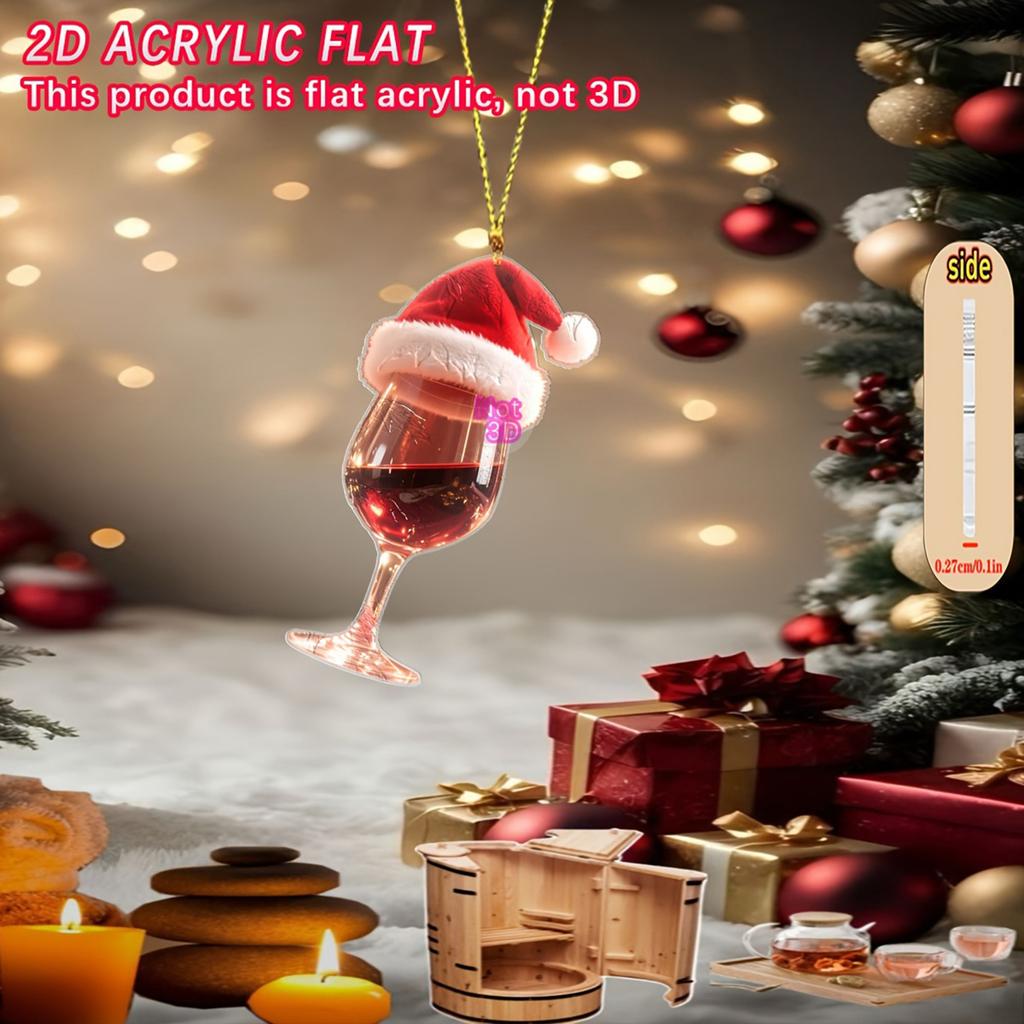 2D Flat Christmas Acrylic Wine Glass Pendant, Car Decoration Keychain Backpack Accessory Creative Holiday Gift