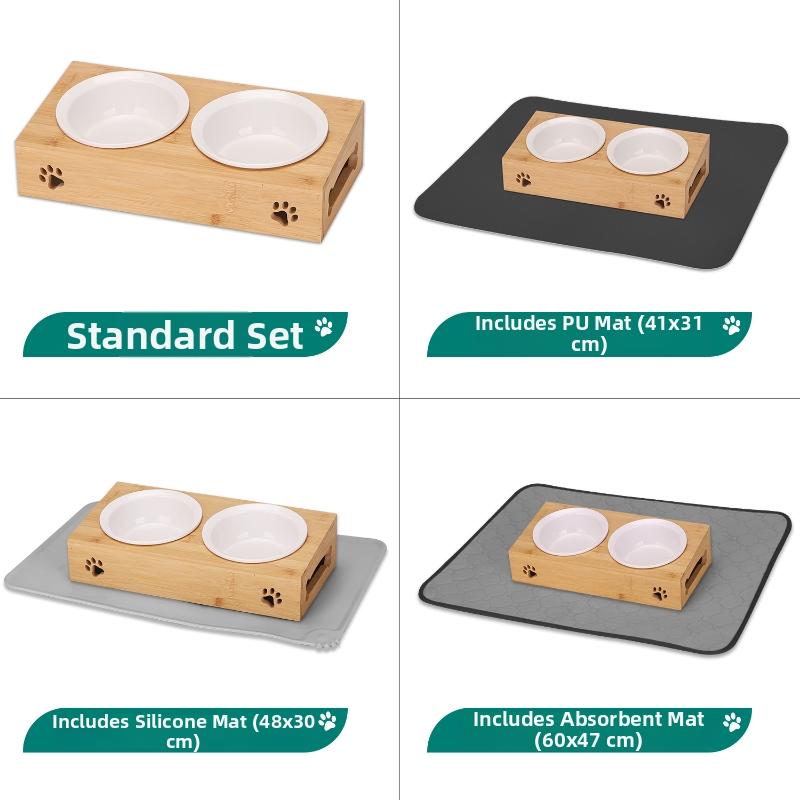 Anti-tip Cat Food Bowl With Dual Porcelain And Bamboo-wood Tilt Protection For Cervical Spine Safety, Pet Meal Feeder Stand