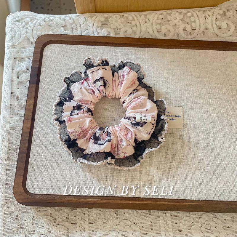 Korean Style Sweet Dream Kitty Hair Scrunchie - Handmade Bow with Lace Edge