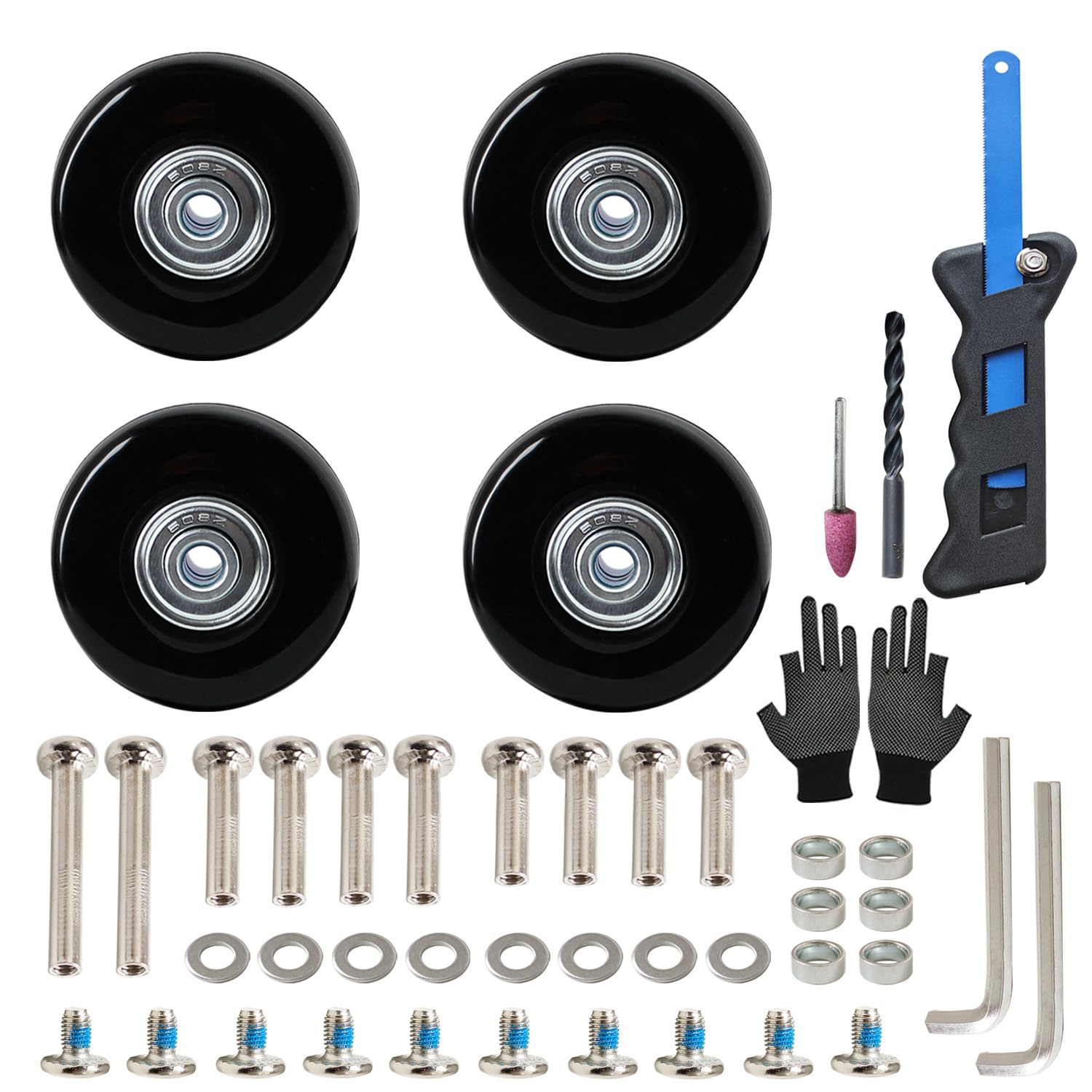 

Набір для заміни коліс валізи, Комплект з 4 штук, Безшумний ремонтний набір коліс для ручної поклажі, Самостійна заміна, Включає пилку (Чорний, Діаметр колеса 50 мм)