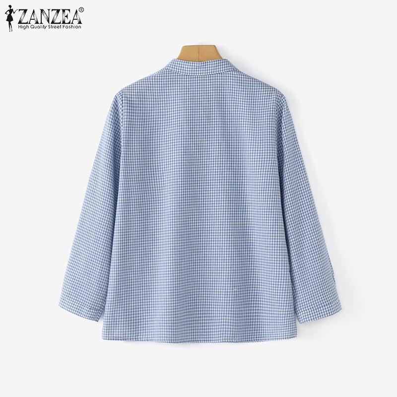 ZANZEA Damska klasyczna bluzka z luźnym krojem, długim rękawem i nadrukiem w kratę