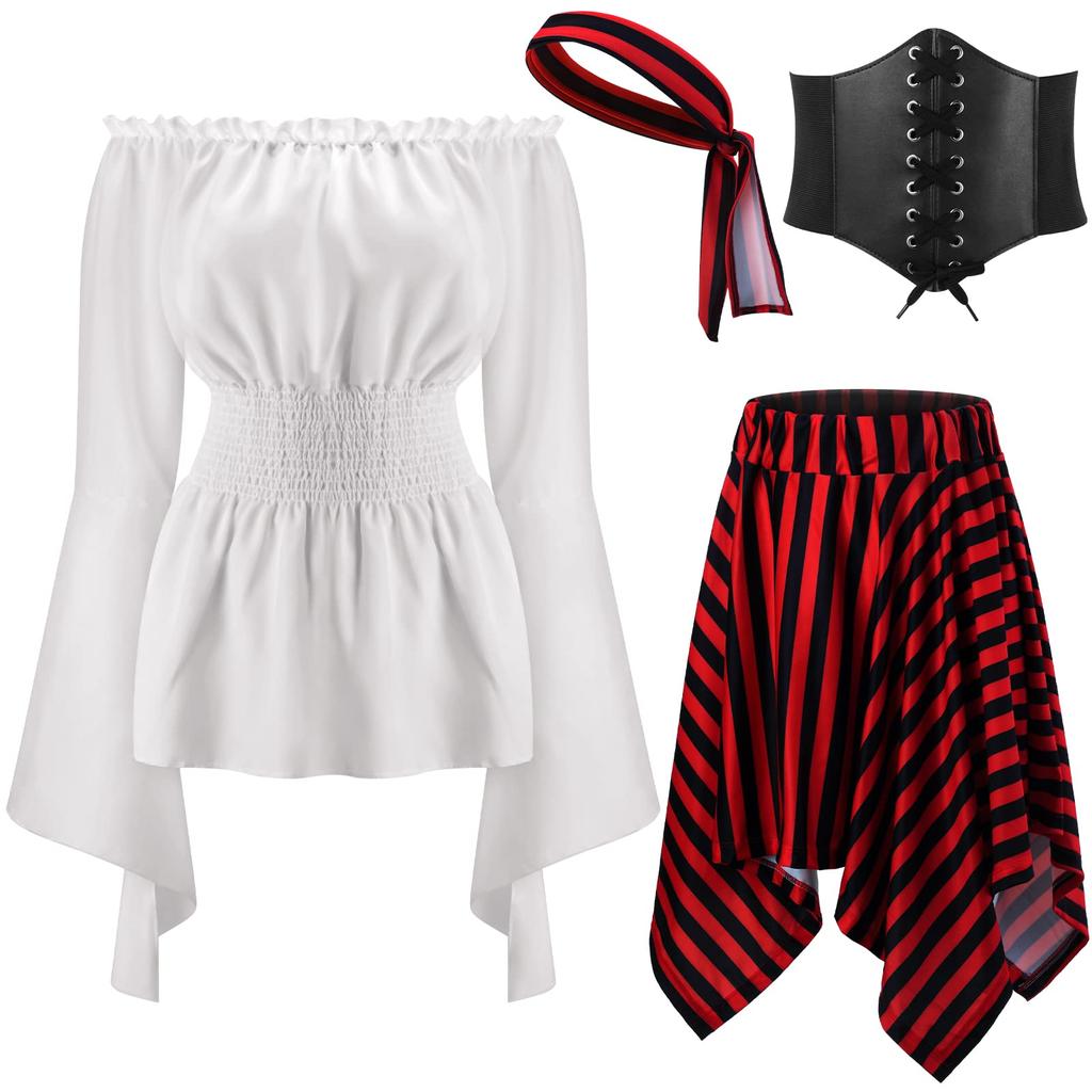 Women's Pirate Suit, Top, Tight Corset, Headband, Skirt, Carnival Costume, Pleated Dress