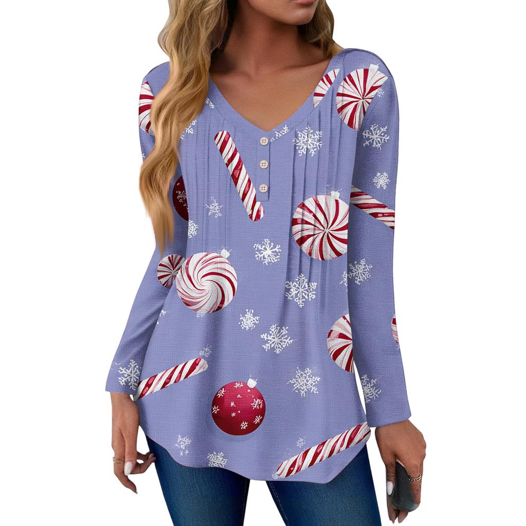 Women's Fashion Casual Christmas Tree Print V-Neck Decorative Button Long Sleeve T-Shirt Top