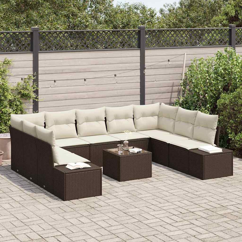 Garden Sofa Set with Cushions 10 pcs Brown Poly Rattan