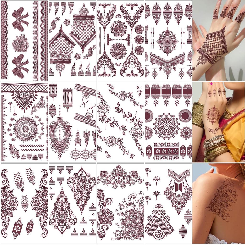TecoKart® 12 Sheet Mehandi Stickers for Women Girls Tattoo Sticker Waterproof for Hands Mandala & Lotus Flower Henna Tattoo Stickers for Hands, Arm