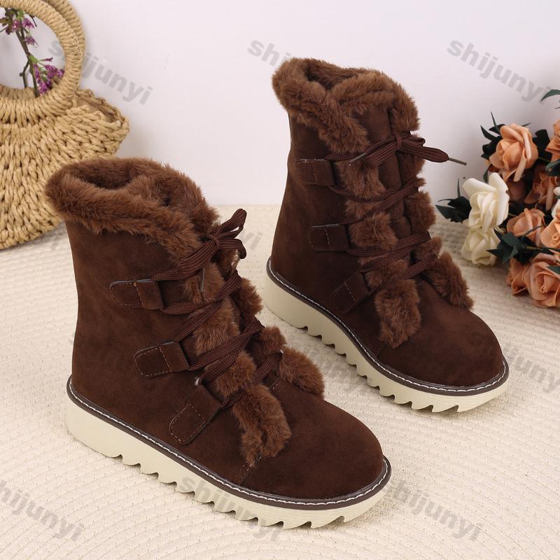 Fashion Thick Plush Snow Boots for Women Winter Warm Lace Up Flat Warm Cotton Shoes Woman Lightweight Outdoor Ankle Boots Plus Size 43