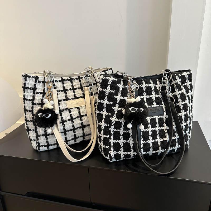 2023 Karierter Woll-Tote: Herbst/Winter Damen Vielseitige Schulter-Eimer-Tasche, Große Kapazität