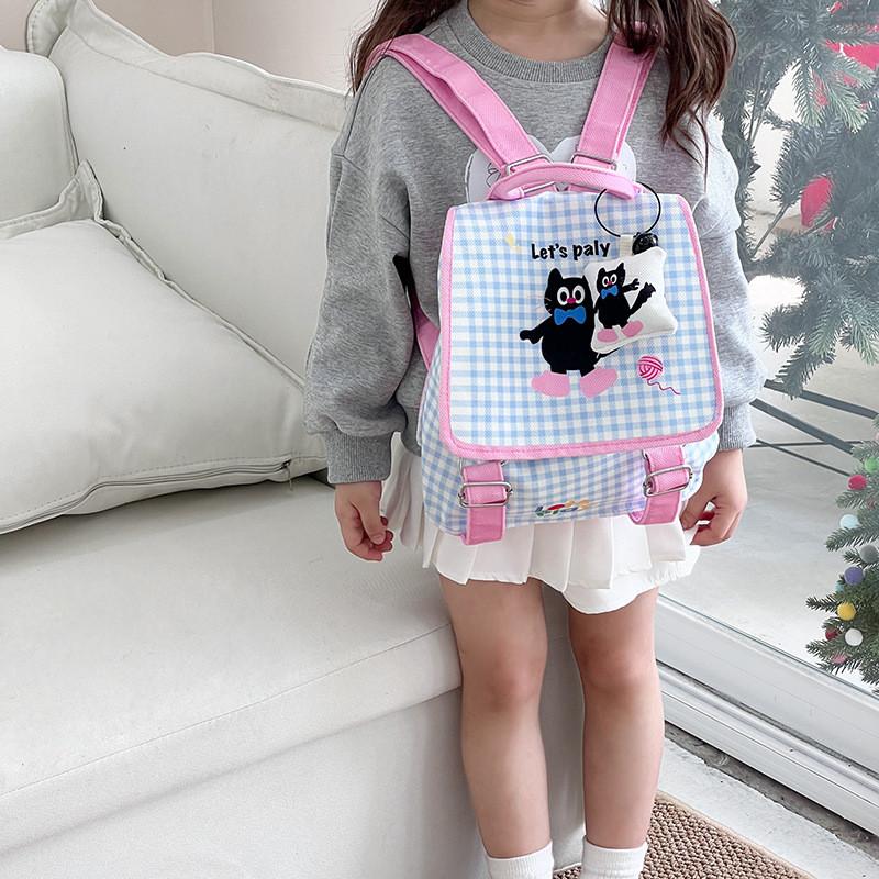 Plaid Cat Cute Print Backpack With Animal Illustration School Bag For Girls