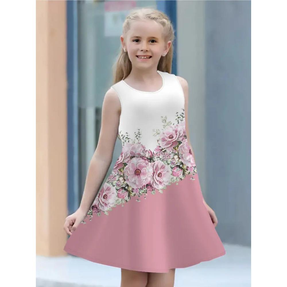 Frühling und Sommer neues ärmelloses Rundhals-Westenkleid für Mädchen, niedliches Prinzessinnenkleid, 3D-Digitaldruckmuster