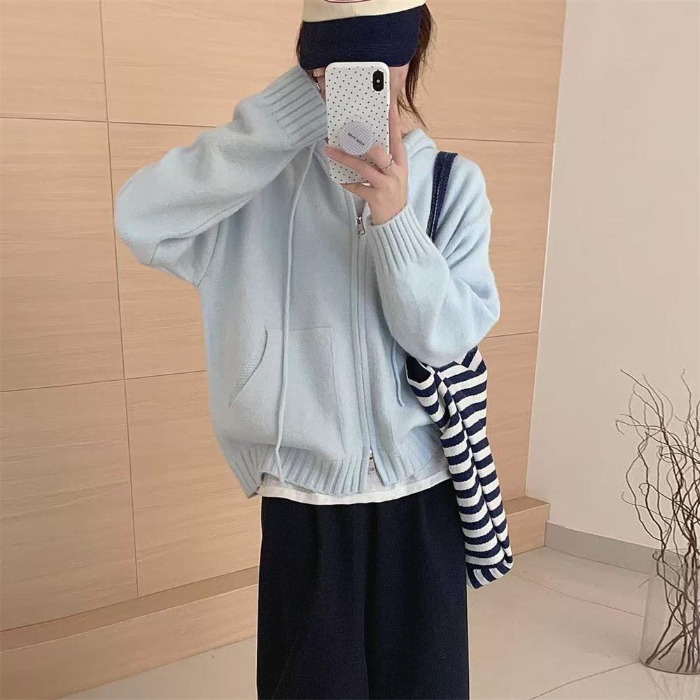 Solid-color Hooded Zipper Sweater Jacket, A New Laid-back Style Knitted Cardigan for Women In Autumn and Winter