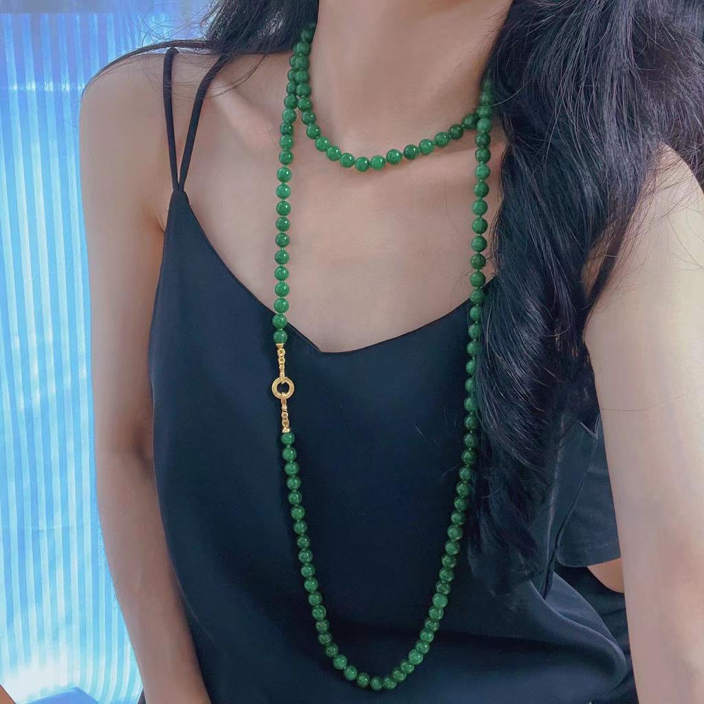 Retro Spinach Green Extended Quartzite Sweater Chain Female, Original Handmade, Simulated Dry Green Necklace