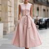 Women's Crew Neck Sleeveless Midi Dress Slim Fit Mid Waist Elegant Linen Blend Solid Color Button Front Tie Belt A-Line Dress