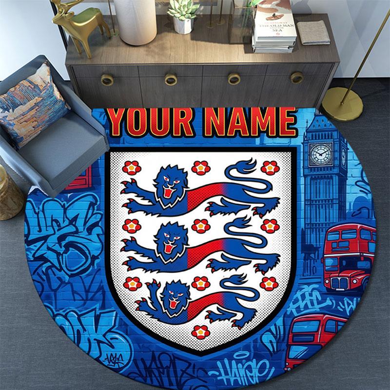 Custom Name,England National Football Team Pattern Round rug,Carpet Rug for Living Room Bedroom Playroom ,Non-slip Floor Mat,Holiday Gifts and Birthda