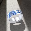 Silver Plated Blue & White Enamel Flower Pattern Ring, Vintage Turkish Art Inspired Band Ring for Women