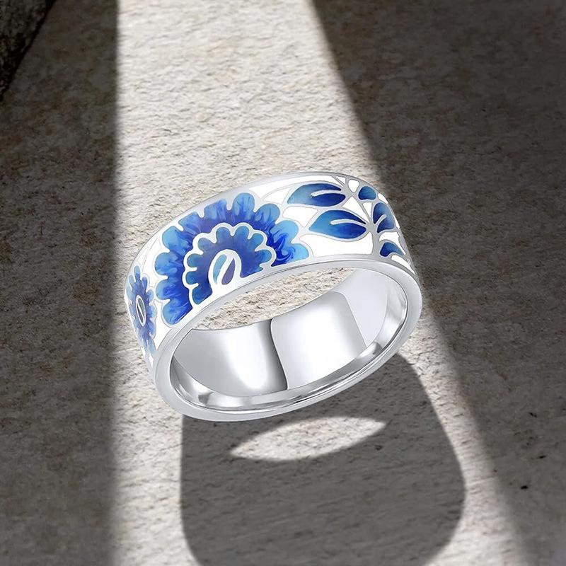 Silver Plated Blue & White Enamel Flower Pattern Ring, Vintage Turkish Art Inspired Band Ring for Women