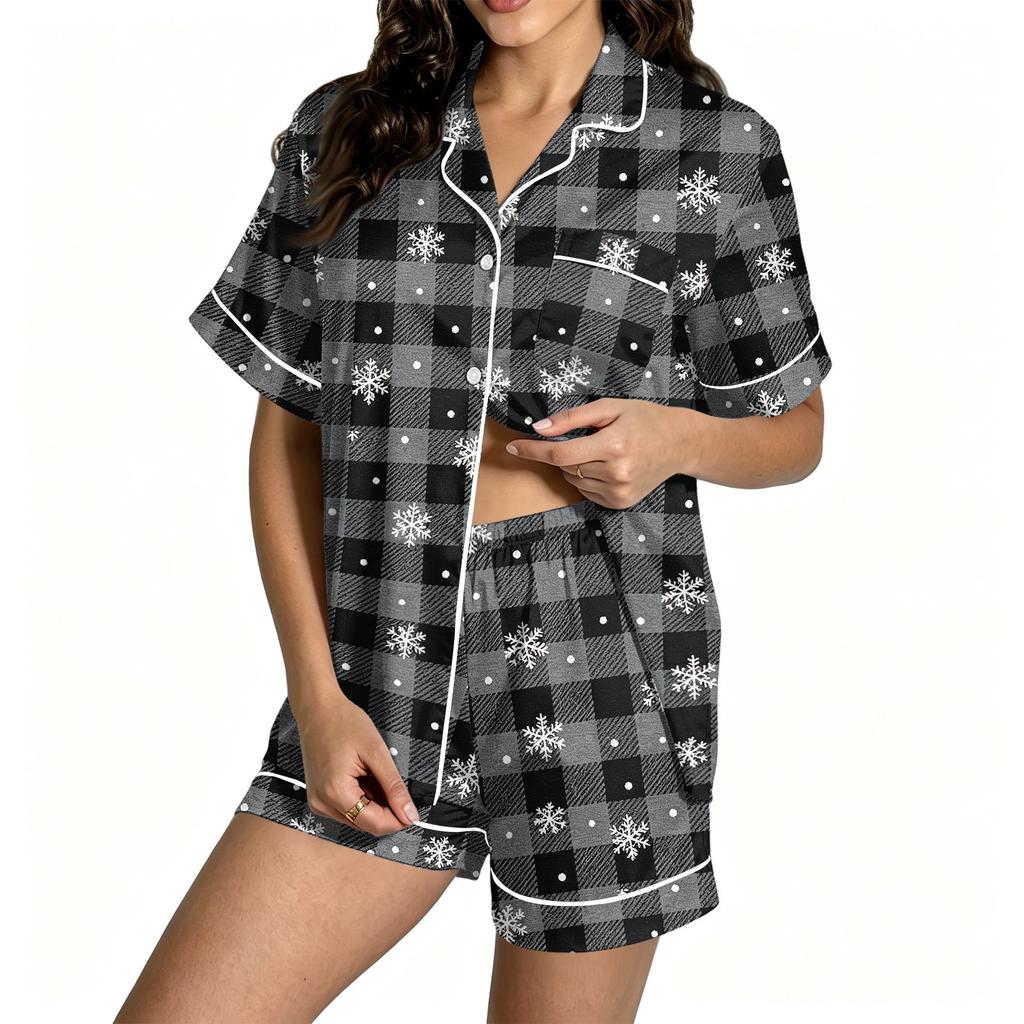 Women's Christmas Pajama Set Short Sleeve Button-Up Shirt and Shorts Holiday Sleepwear Set
