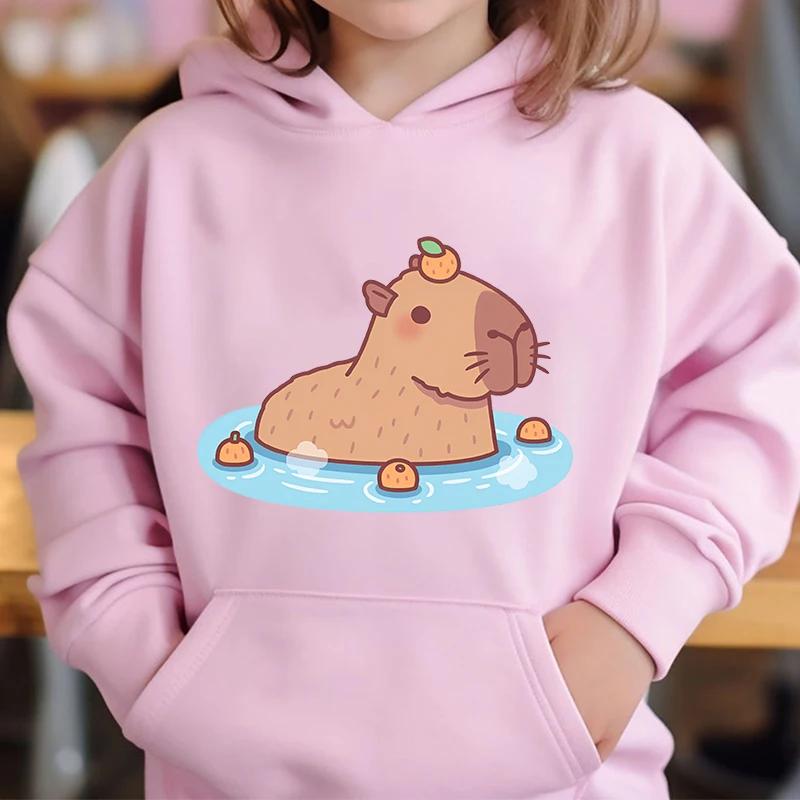 Cute Capybara Loves Bubble Tea Children's Hoodie Pink Autumn and Winter Girl's Top