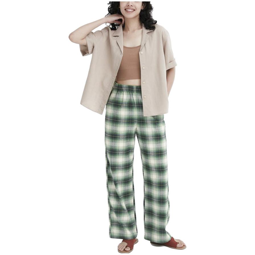 Uniqlo Plaid Flannel Elastic Waist Straight Casual Pants Women Bottoms Light-Green 461762-53
