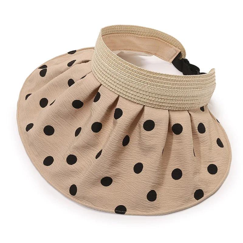 Summer Breathable Empty Top Hats For Women Vintage Polka Dots Adjustable Wide Brim Sun Hat Girls Outdoor Portable Foldable Caps