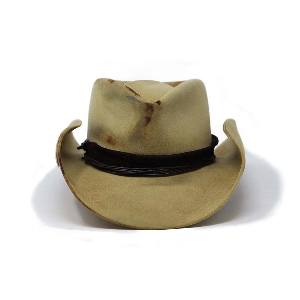 Hatt i fårfilt i distressed stil med uppvikt kant, vintage cylinderhatt i ren ull, dekorerad med band