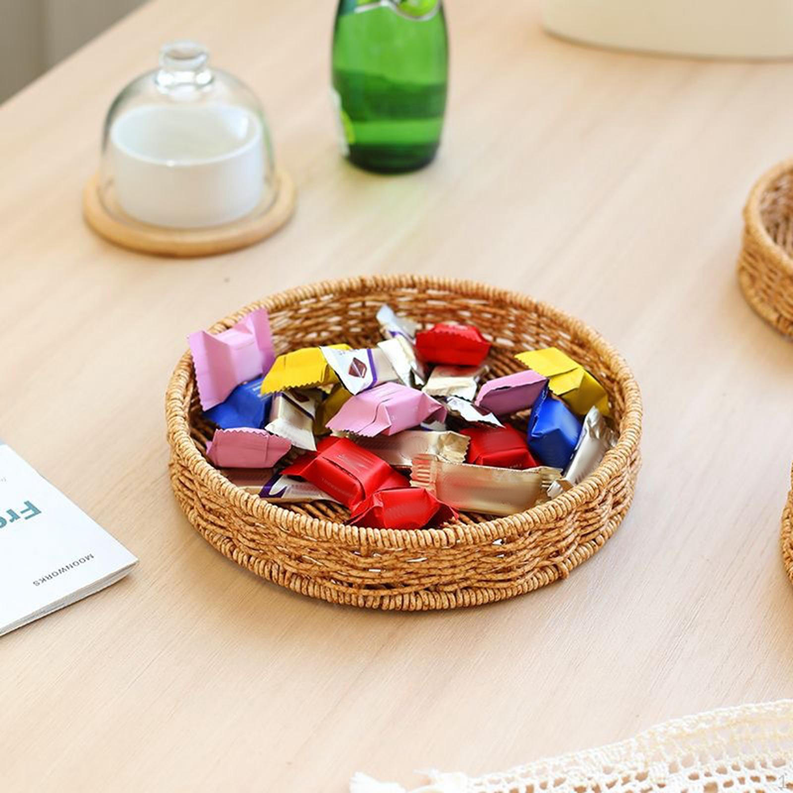 

Round Serving Tray Bread Storage Basket Decorative, Hand Woven Organizer for Food, Small