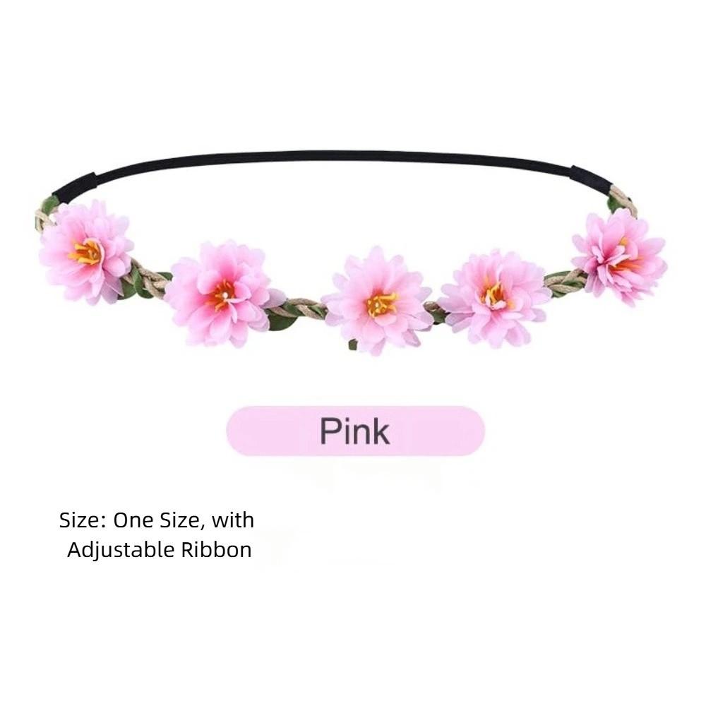 Adjustable Ribbon Floral Wreath Crown Pink Rose Bohemia Garland Headpiece  for Girls Women