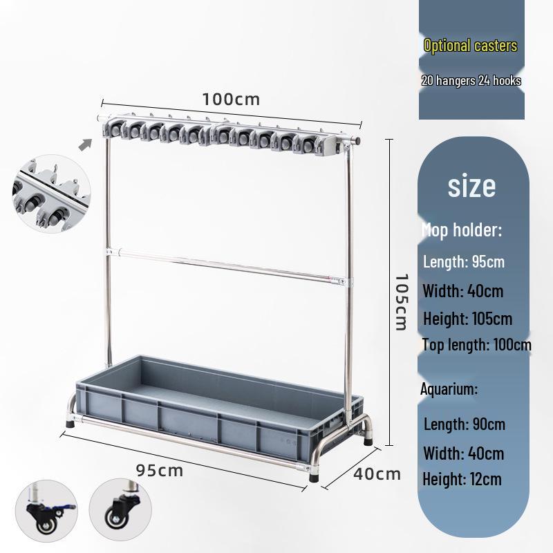 Stainless Steel Floor-Standing Mop Rack with Draining Shelf and Free Shipping