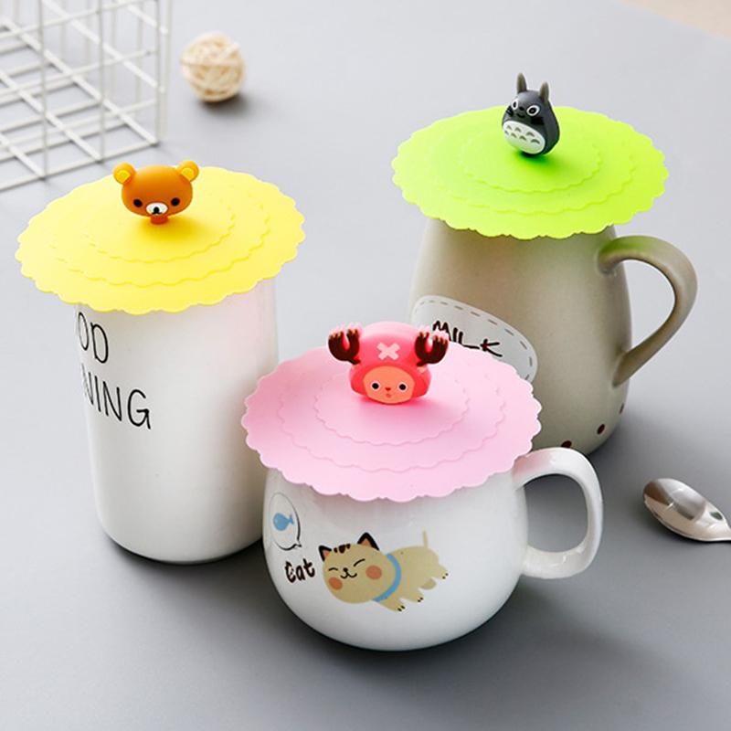 Tapas de tazas para beber con cubierta de silicona de dibujos animados, tazas de vidrio a prueba de polvo, tapa de succión