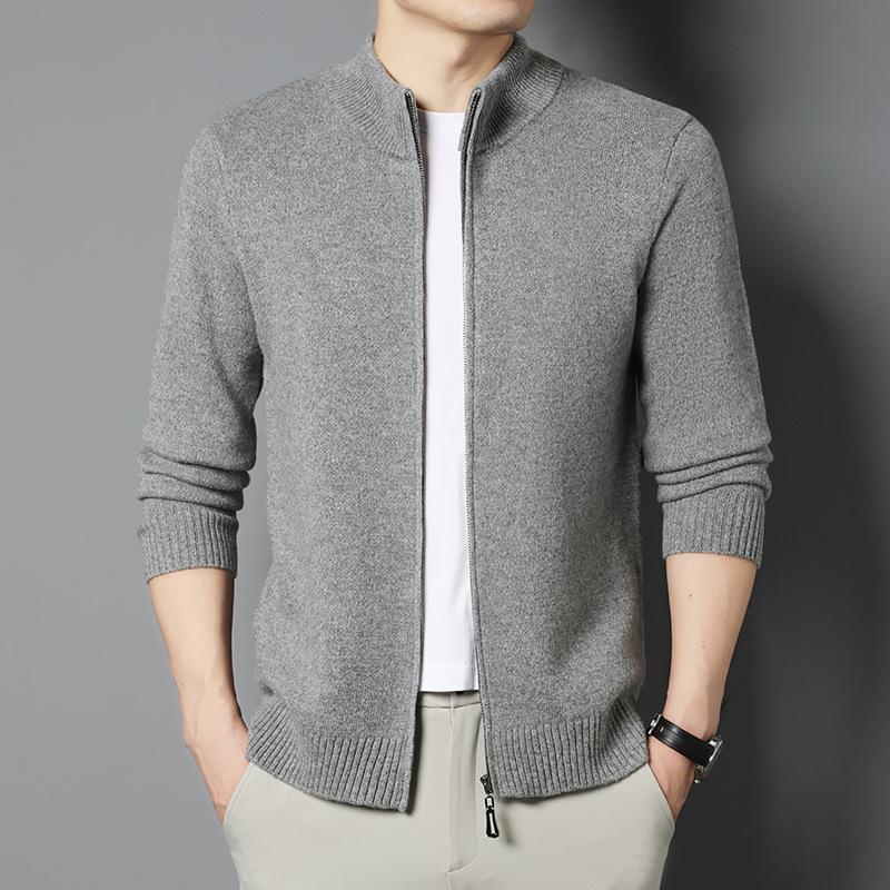 100% Wool Thickened Pure Wool 530G Men'S Middle-Aged And Young Leisure Business Long Zipper Cardigan