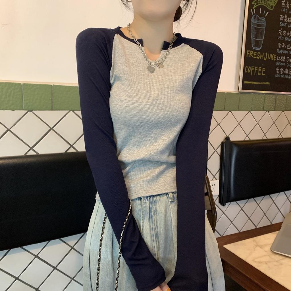 Designed Contrasting Color Half-open Collar Slim Fit Long-sleeved T-shirt Women's Early Autumn New Versatile Student Tops