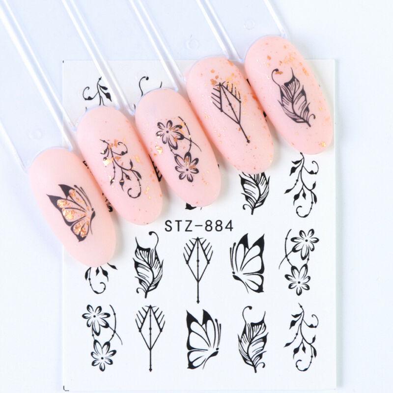 14 Sheets Nail Art Stickers Ink Outline Flower Water Transfer Decals Tips DIY