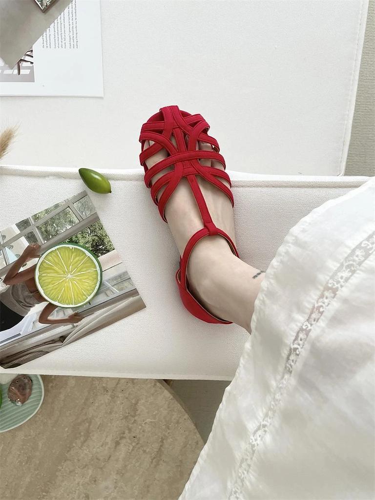 Fashion Women's Summer Hollow out Roman Buckle Sandals Flat Bottom Clog Shoes Rubber Sole Micro Fiber Upper Unisex Flats