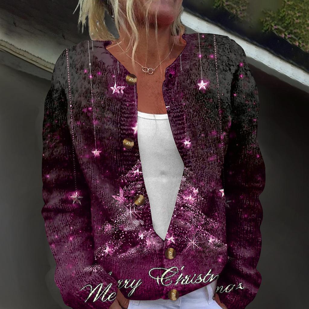 Women's Fashion Christmas Printed Long Sleeve Knitted Cardigan Button Down Jacket