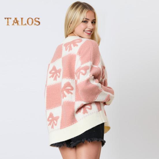 Women Autumn Winter Sweater V-Neck Long Sleeve Single Breasted Knitting Sweater Bowknot Plaid Print Sweater Coat