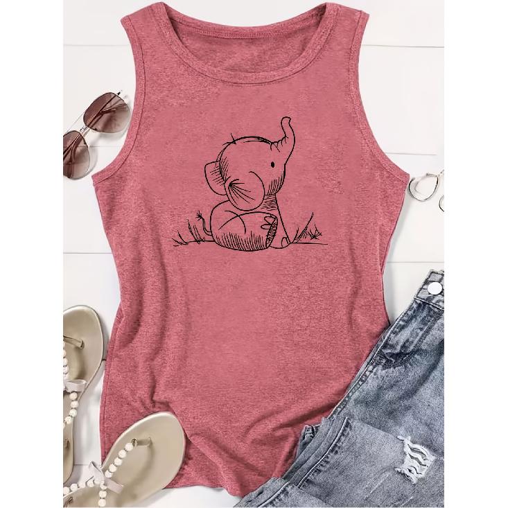 Elegant Vest for Women Line-drawing cute little elephant childlike print casual loose summer vest Fashionable, unique, cute, versatile American-style