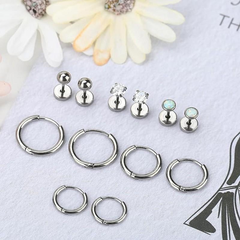 6 Pairs Earrings Sets for Multiple Piercing Small Huggie Hoop Earrings Flat Back Tiny Ball CZ Opal Pearl Stud Earrings for Women