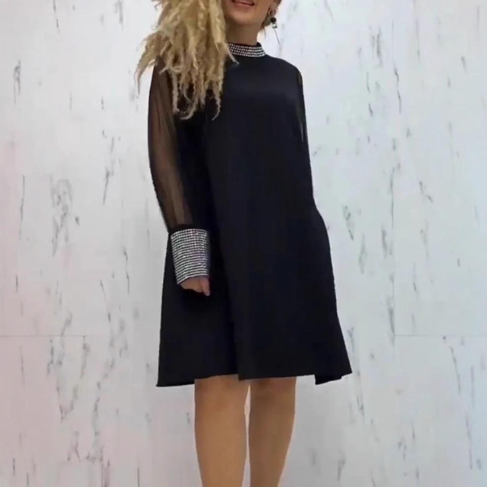 Podzim/Zima 2023 Jednobarevné diamantové šaty s kulatým výstřihem a dlouhým rukávem pro ženy