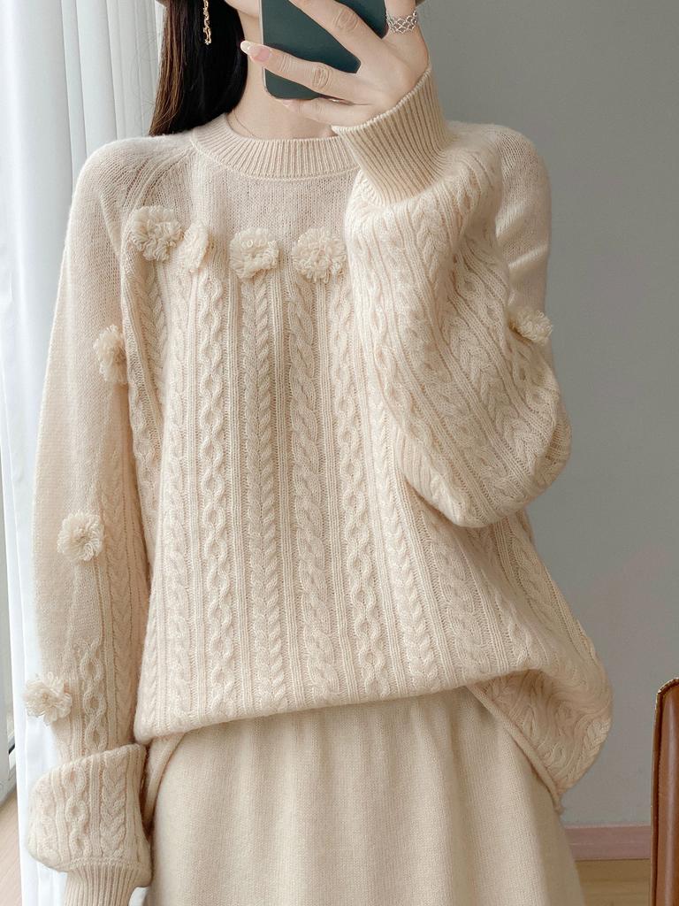 Pulover Croșetat Manual 100% Lână Pură pentru Femei, Gât Rotund, Umeri Căzuți, Mâneci Lanternă, Pulover Larg Versatil cu Model Floral Răsucit Tricotat