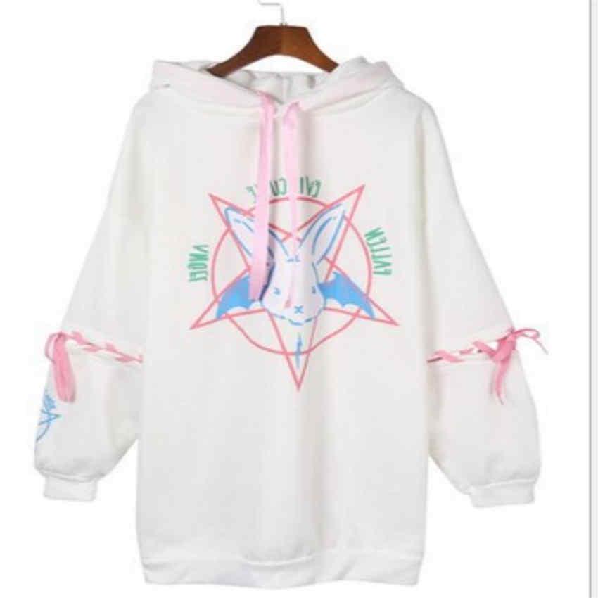 

Harajuku Rabbit Pentagram Print Lace Up Women Streetwear Hoodies Oversize Hooded Sweatshirt Pullove XXL білий
