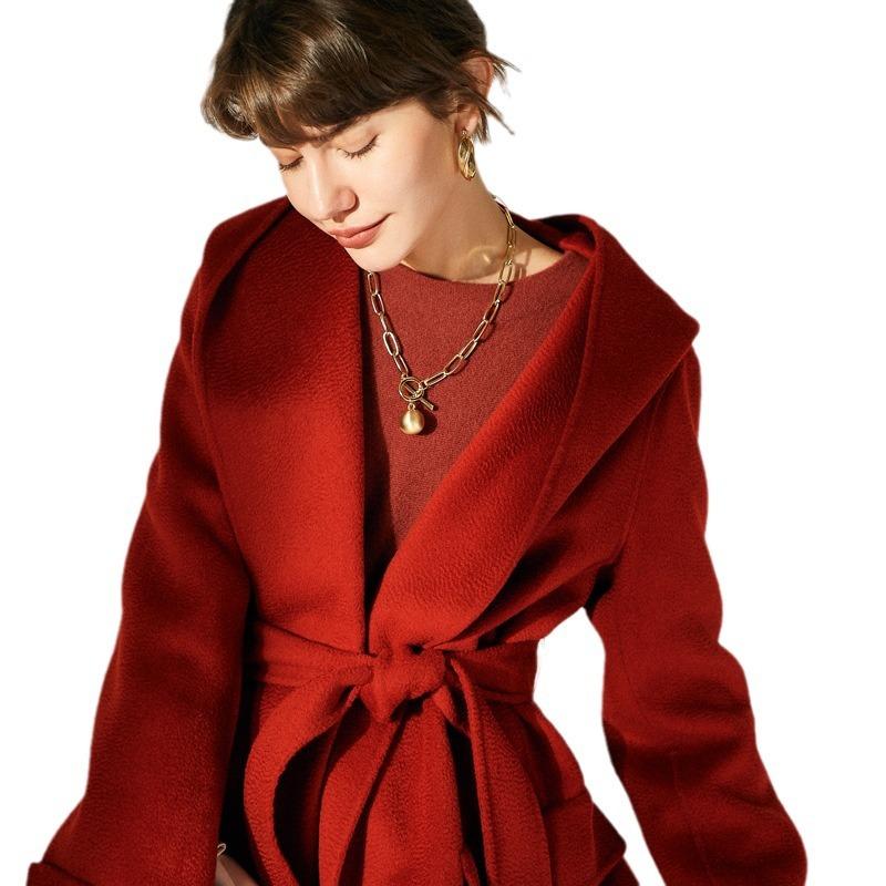 Velký červený kašmírový kabát s vodním vlněním dámský středně dlouhý podzimní a zimní nový s kapucí oboustranný vlněný kabát