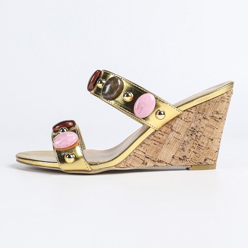 Eilyken Sommer Designer Farbe Dekoration Keilabsatz Damen Hausschuhe Mode Offene Zehen Bankett Party Slides Schuhe